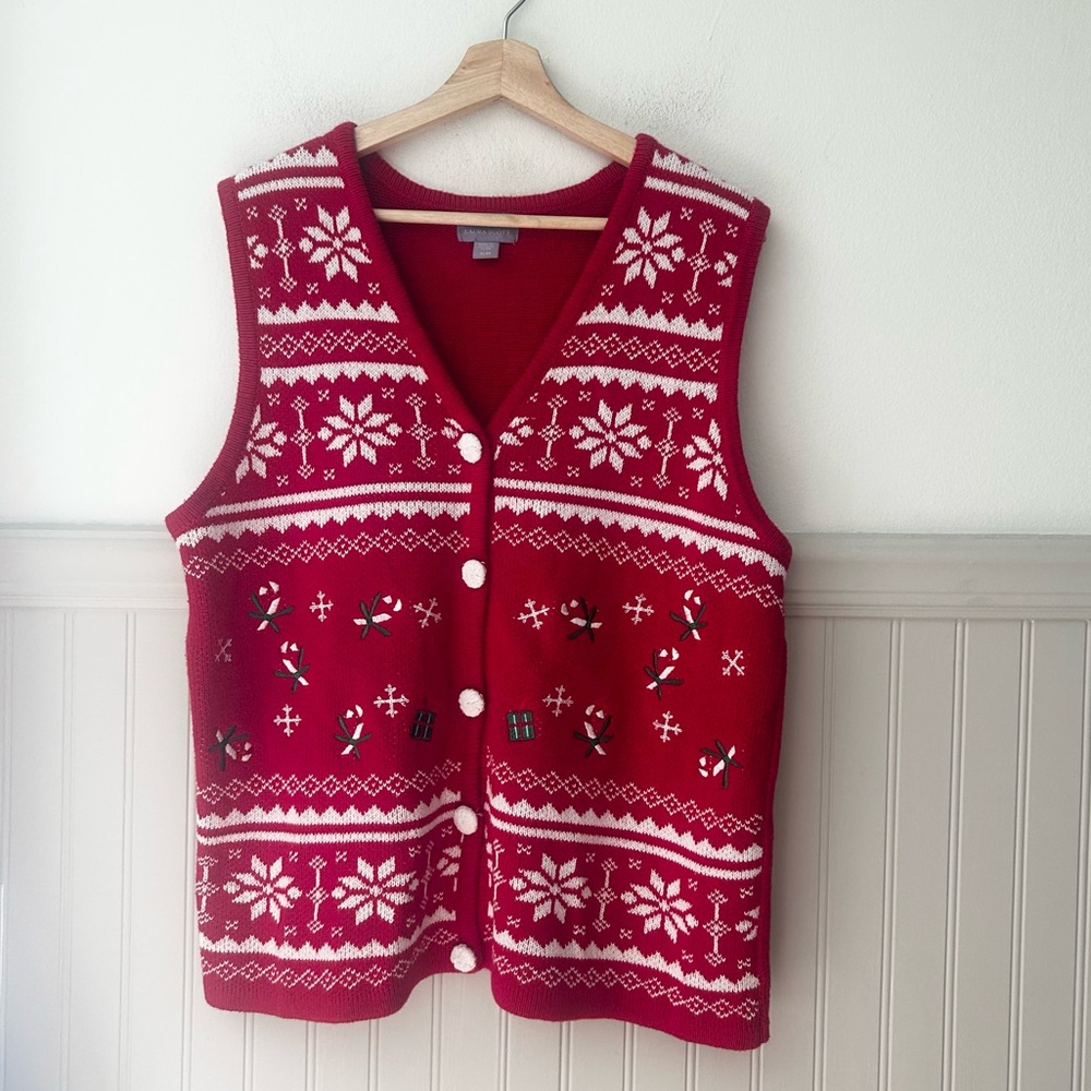 Laura Scott XL Red Nordic Christmas Sweater Vest Candy Cane Embroidered